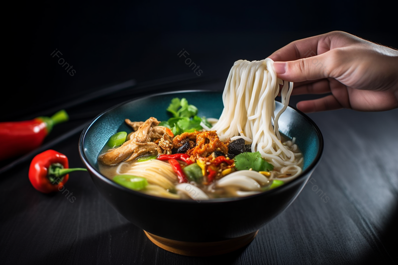 黑色的木板上放着一碗面条清晰的摄影图,高清,摄影图,摄影图片,图片大全,摄影图免费下载